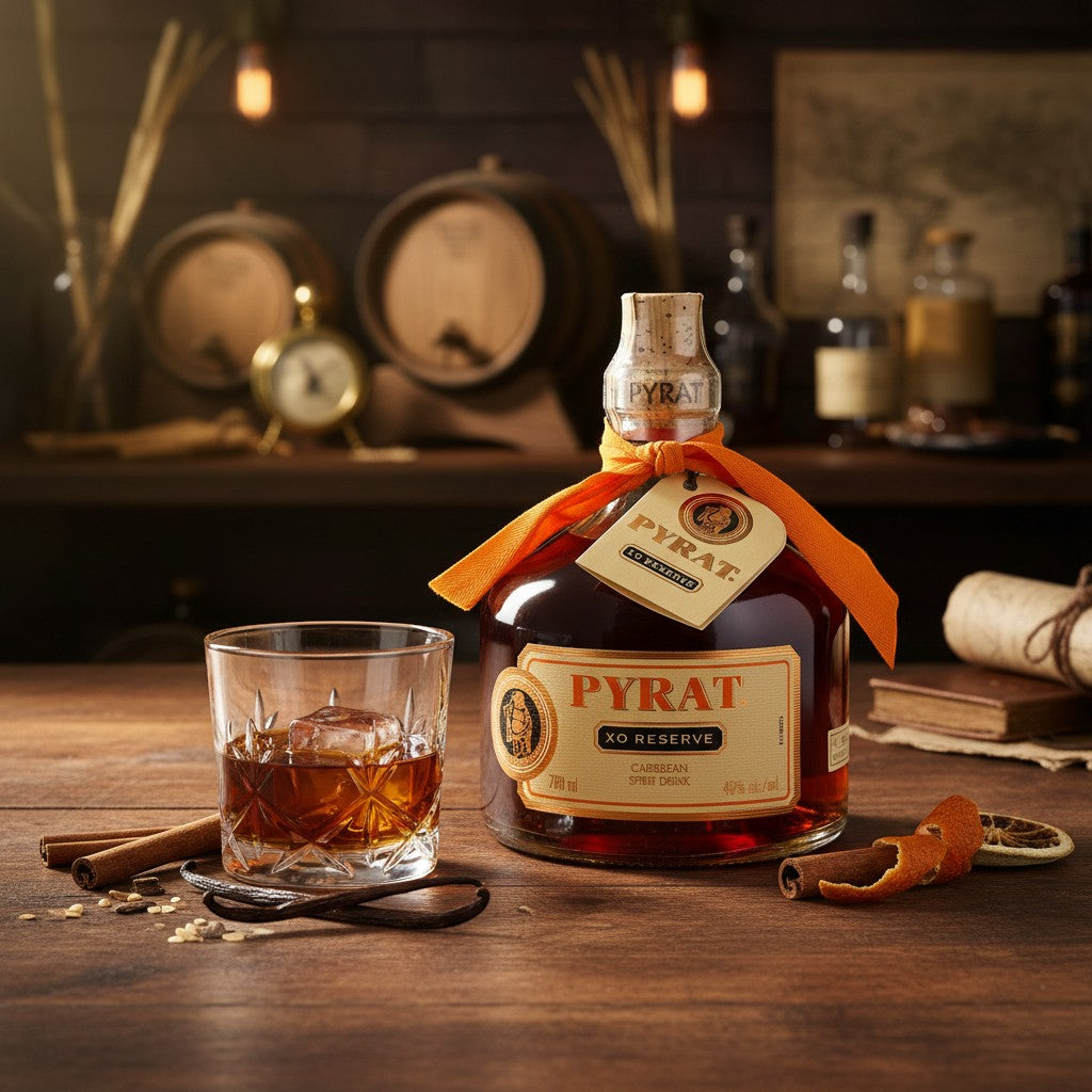Schwarzbach Spirits Pyrat XO Reserve Rum Flasche mit Hoti-Mönch-Amulett und Glas auf einem rustikalen Holztisch