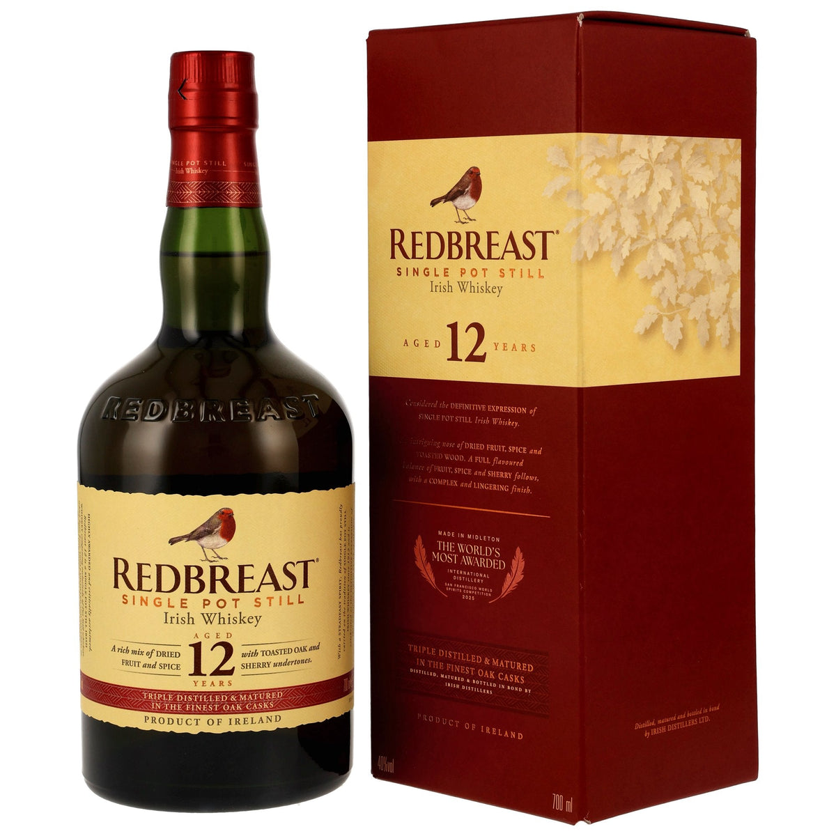 Schwarzbach Spirits Redbreast 12 Year Old Single Pot Still Irish Whiskey bottle and box with robin logo