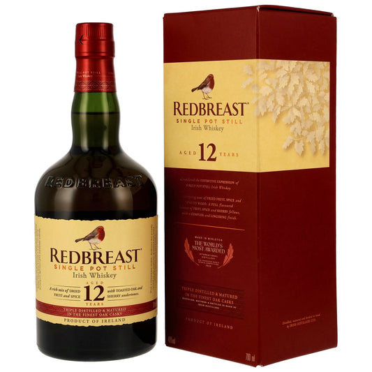 Schwarzbach Spirits Redbreast 12 Year Old Single Pot Still Irish Whiskey bottle and box with robin logo