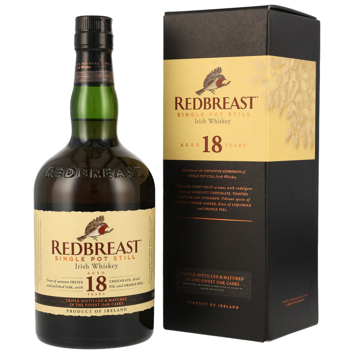Schwarzbach Spirits Redbreast 18 Year Old Single Pot Still Irish Whiskey bottle and gift box on white background.