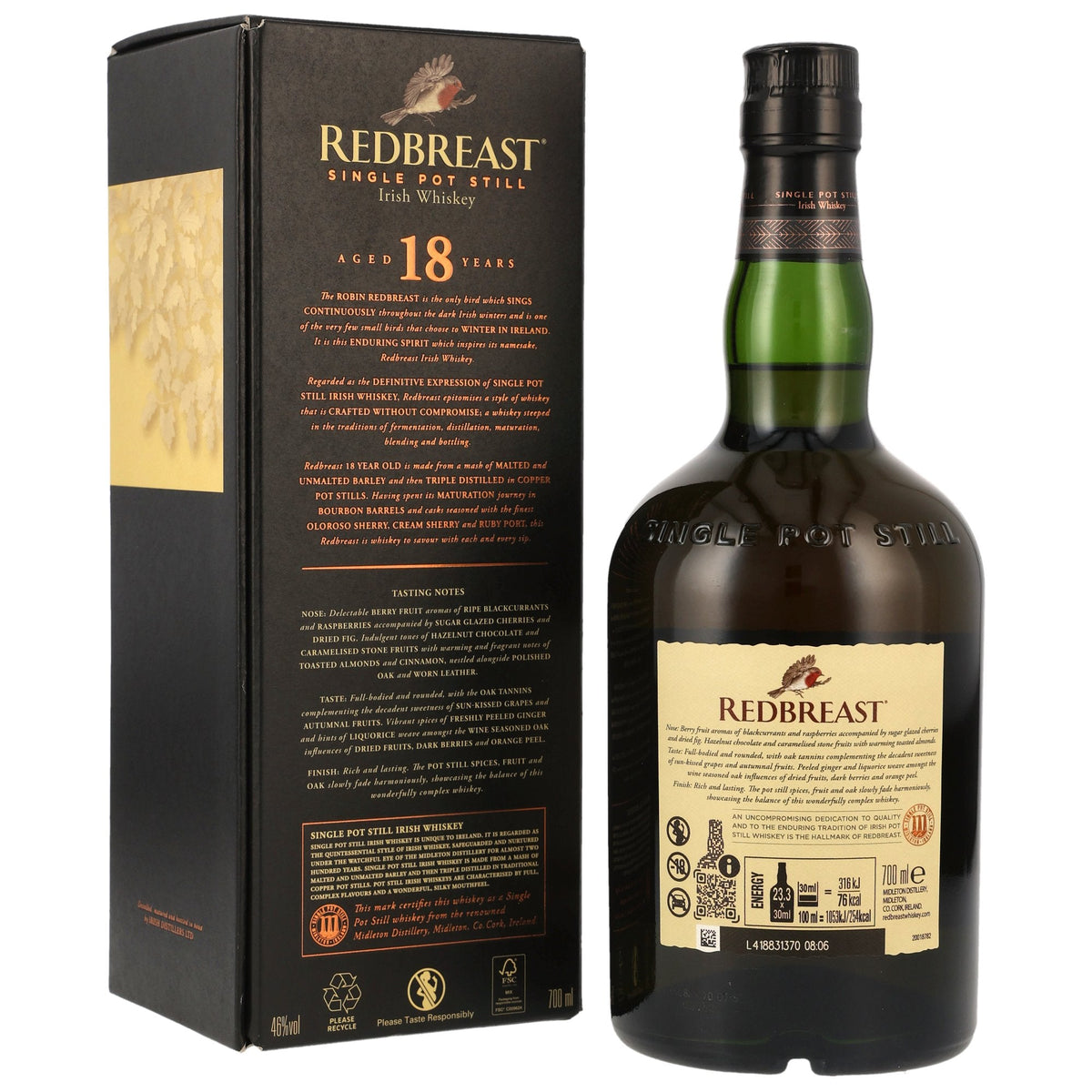 Schwarzbach Spirits Redbreast 18 Year Old Single Pot Still Irish Whiskey bottle next to its black presentation box.