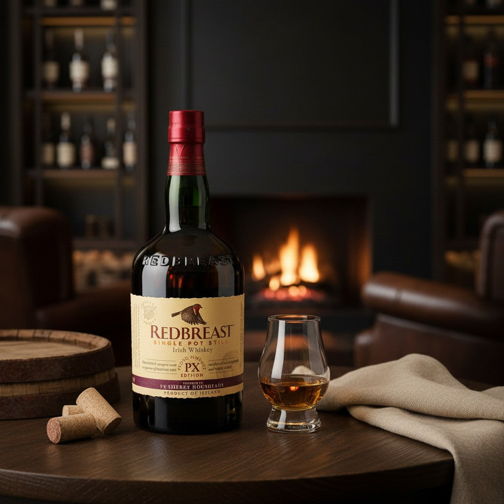 Schwarzbach Spirits Redbreast PX Edition Irish whiskey bottle with a glass on a wooden table by a fireplace.