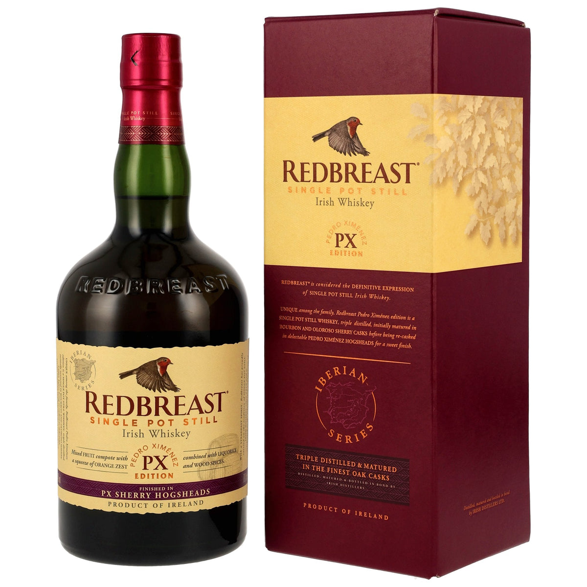 Schwarzbach Spirits Redbreast PX Edition Irish Single Pot Still Whiskey bottle with its matching burgundy gift box.