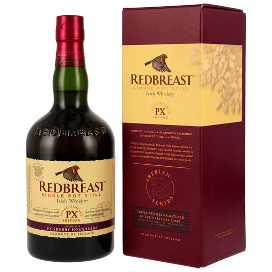Schwarzbach Spirits Redbreast PX Edition Irish Single Pot Still Whiskey bottle and box with red and gold branding.