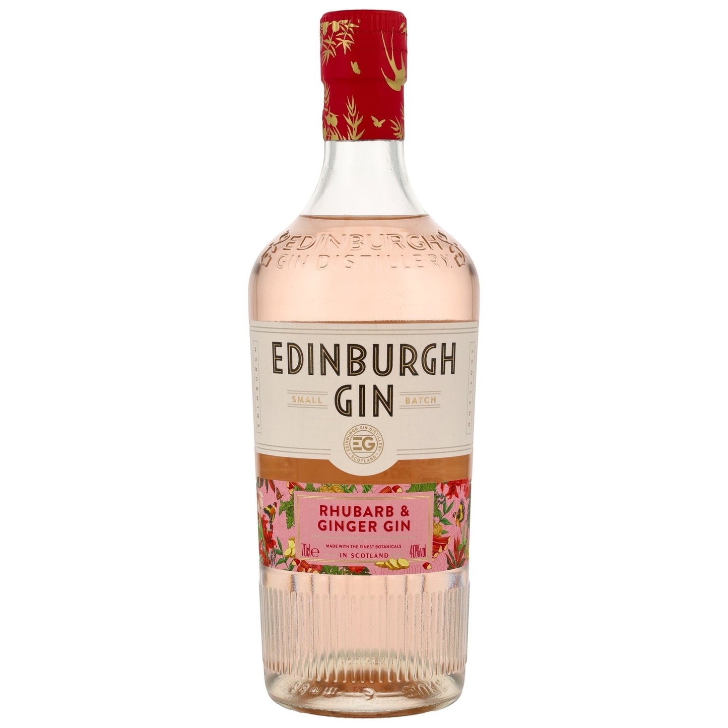 Schwarzbach Spirits Edinburgh Gin Rhubarb & Ginger, ein rosafarbener Gin mit 40% Vol. und 0.7L Flasche, verziert mit floralen Mustern.