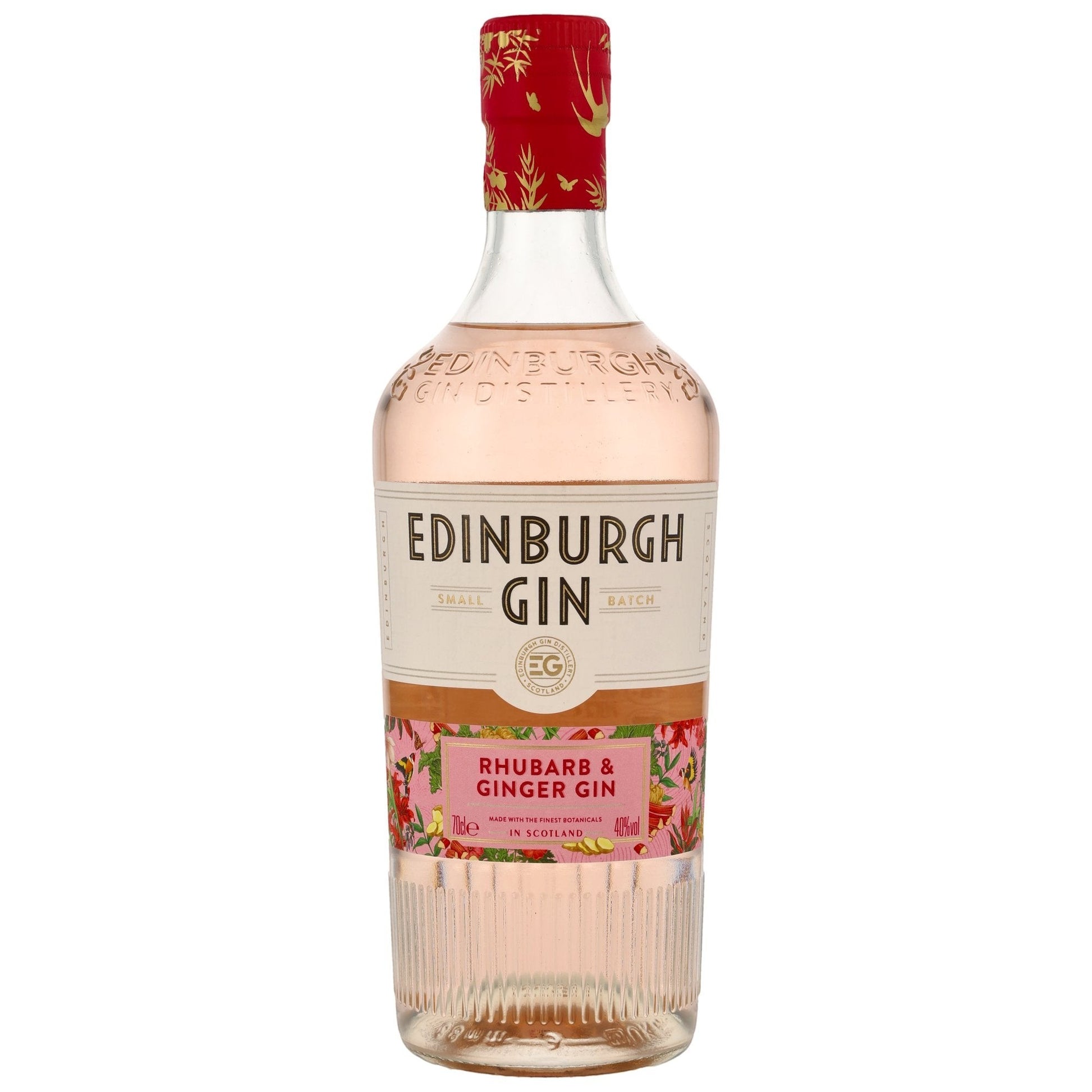 Schwarzbach Spirits Edinburgh Gin Rhubarb & Ginger, ein rosafarbener Gin mit 40% Vol. und 0.7L Flasche, verziert mit floralen Mustern.