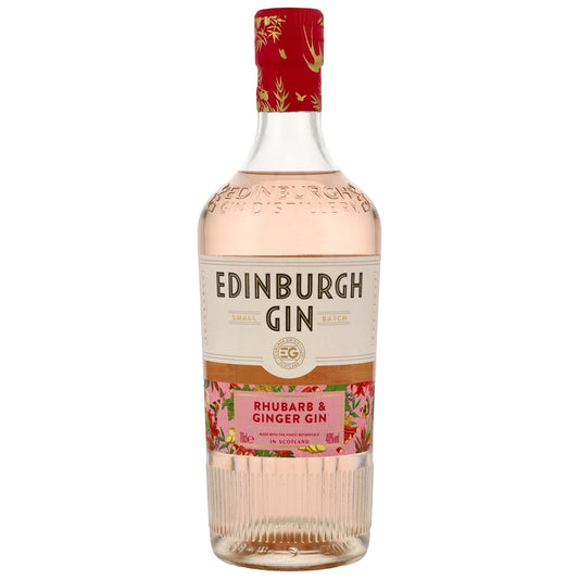 Schwarzbach Spirits Edinburgh Gin Rhubarb & Ginger, ein rosafarbener Gin mit 40% Vol. und 0.7L Flasche, verziert mit floralen Mustern.