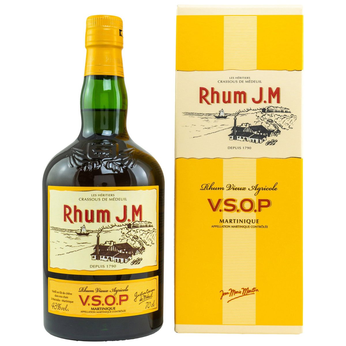 Schwarzbach Spirits Rhum J.M VSOP Agricole aus Martinique in der Flasche mit gelber Geschenkverpackung