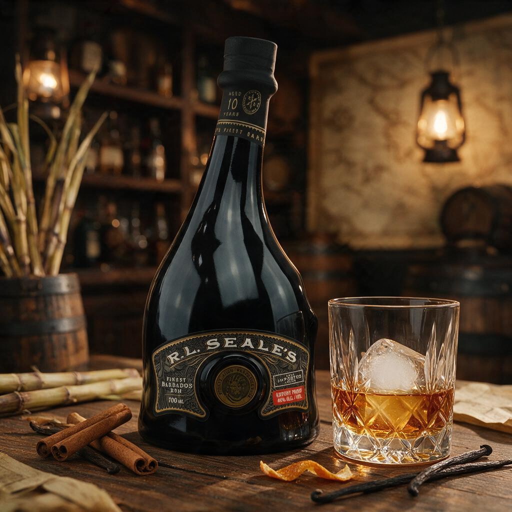 Schwarzbach Spirits R. L. Seale's 10 Jahre Barbados Rum in dunkler Flasche mit Glas und Eis auf rustikalem Holztisch