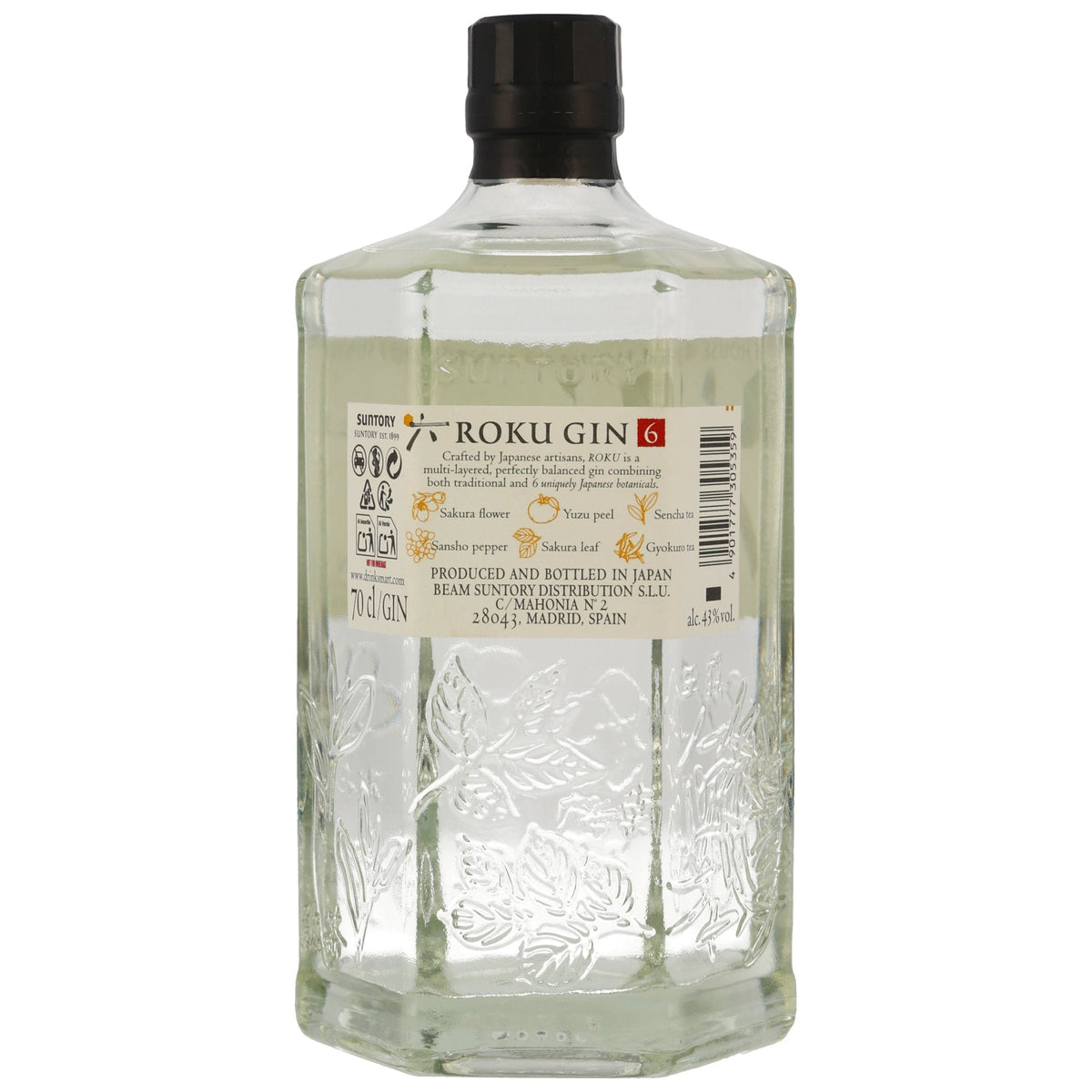 Schwarzbach Spirits Roku Japanese Craft Gin in einer sechseckigen 0,7l Flasche mit geprägten botanischen Motiven