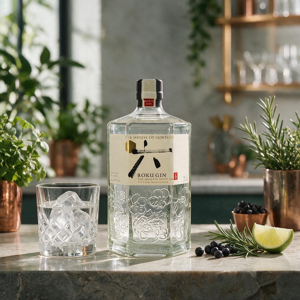 Schwarzbach Spirits ROKU Japanese Craft Gin in einer sechseckigen Flasche mit Glas und Limette auf einer Küchentheke.