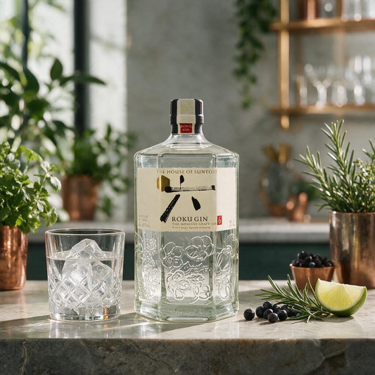 Schwarzbach Spirits ROKU Japanese Craft Gin in einer sechseckigen Flasche mit Glas und Limette auf einer Küchentheke.