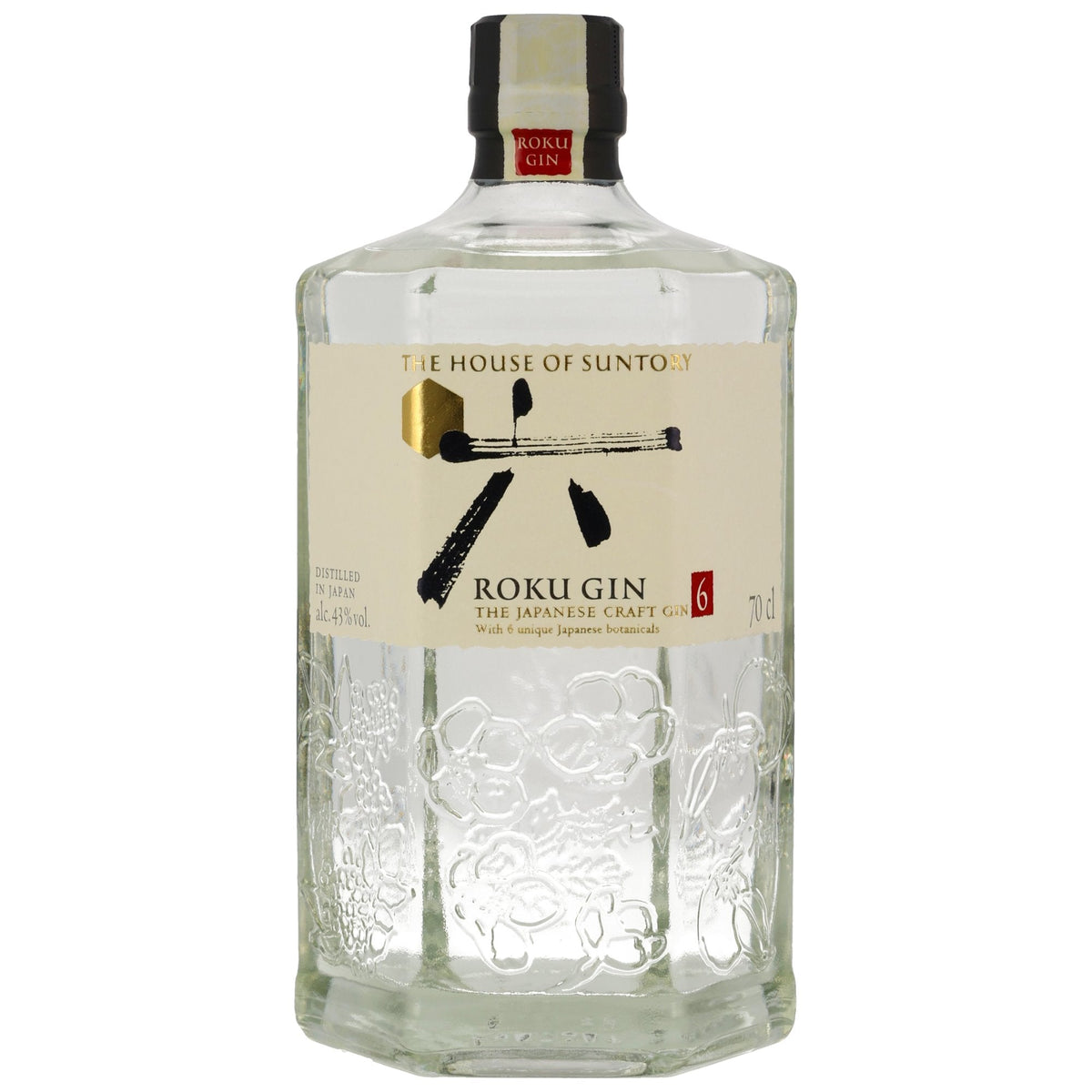 Schwarzbach Spirits Roku Japanese Craft Gin in einer markanten sechseckigen Flasche mit floralen Prägungen