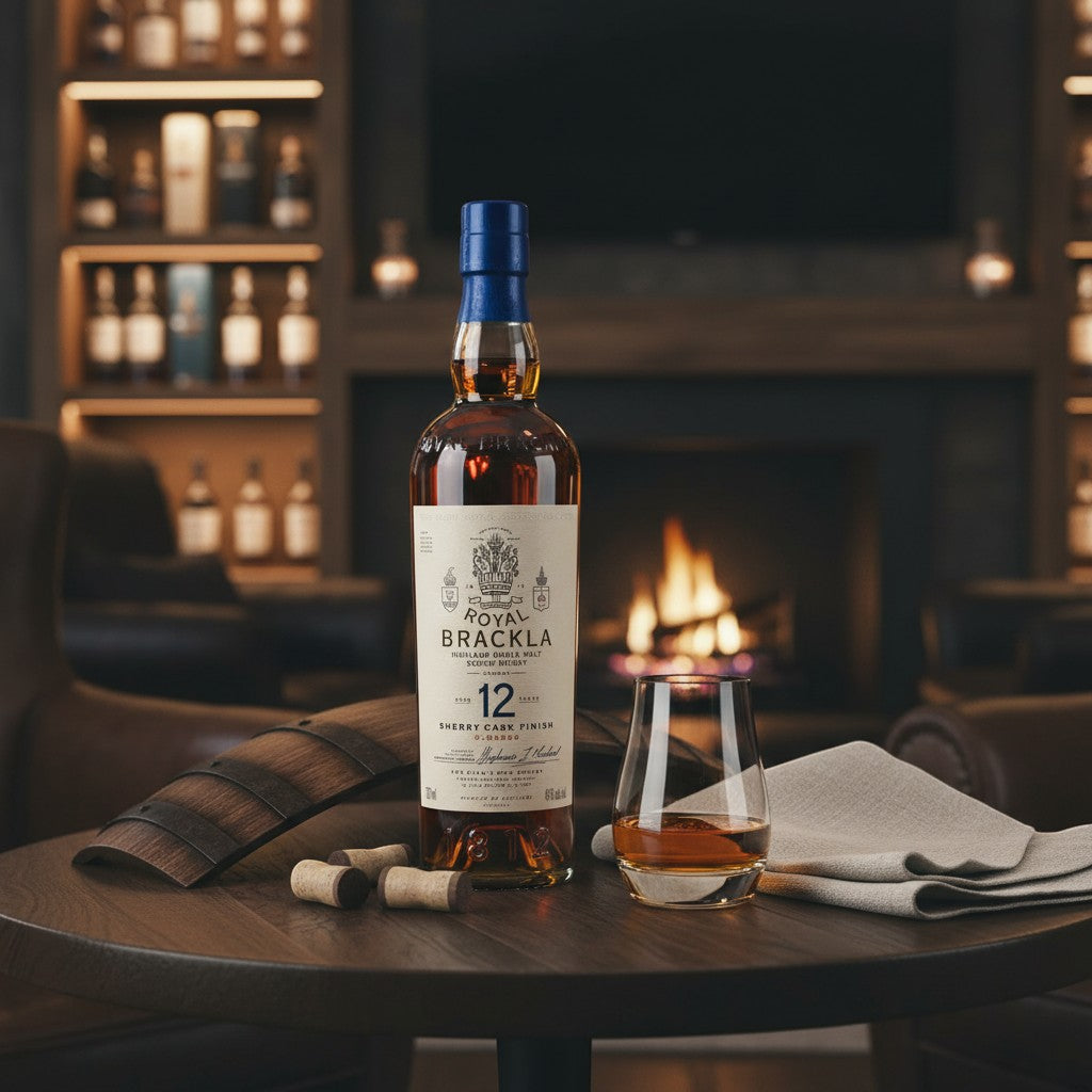 Schwarzbach Spirits Royal Brackla 12 Jahre Whisky Flasche mit Glas auf einem Holztisch vor einem Kamin