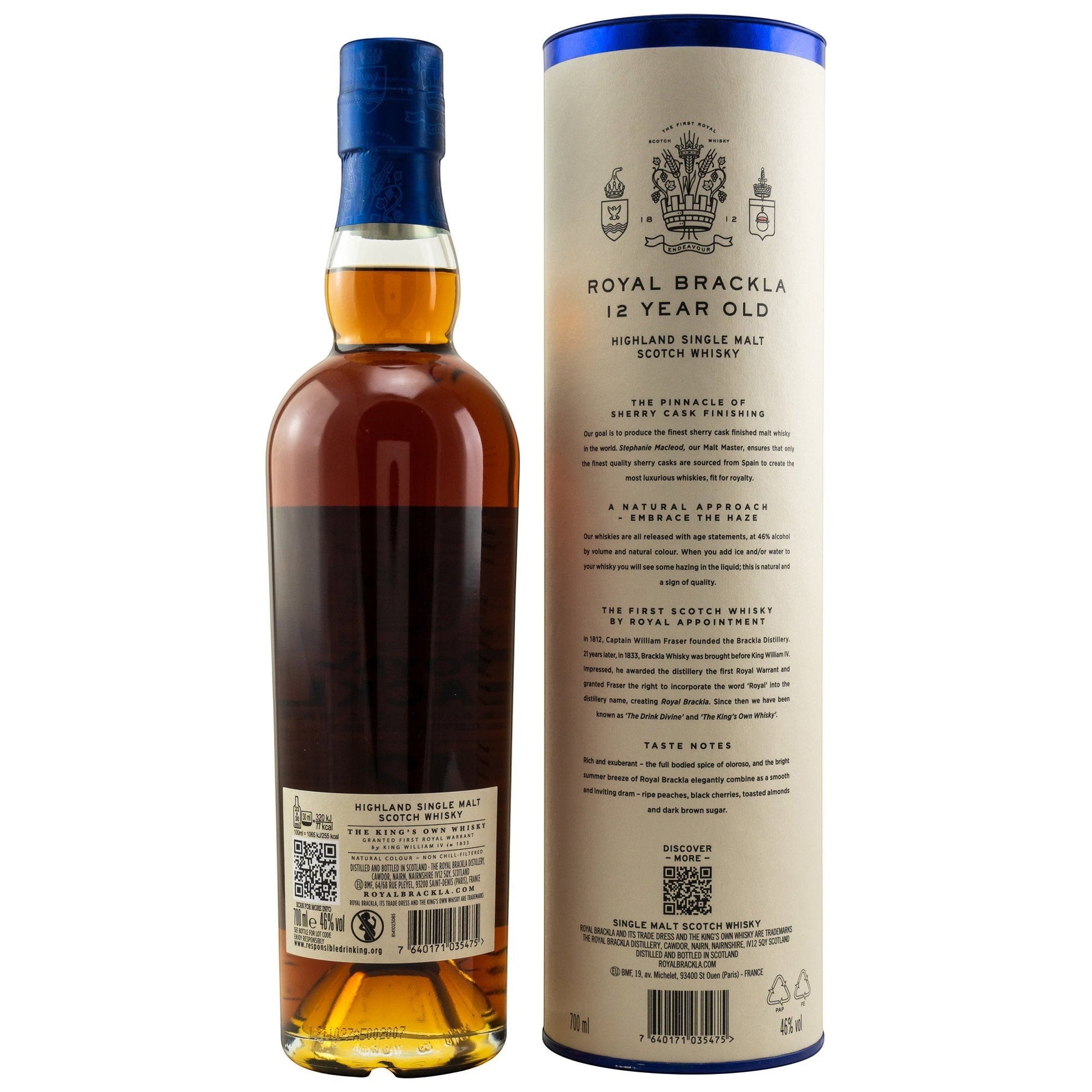Schwarzbach Spirits Royal Brackla 12 Jahre Single Malt Whisky Flasche mit Geschenkdose und Sherry-Cask-Details