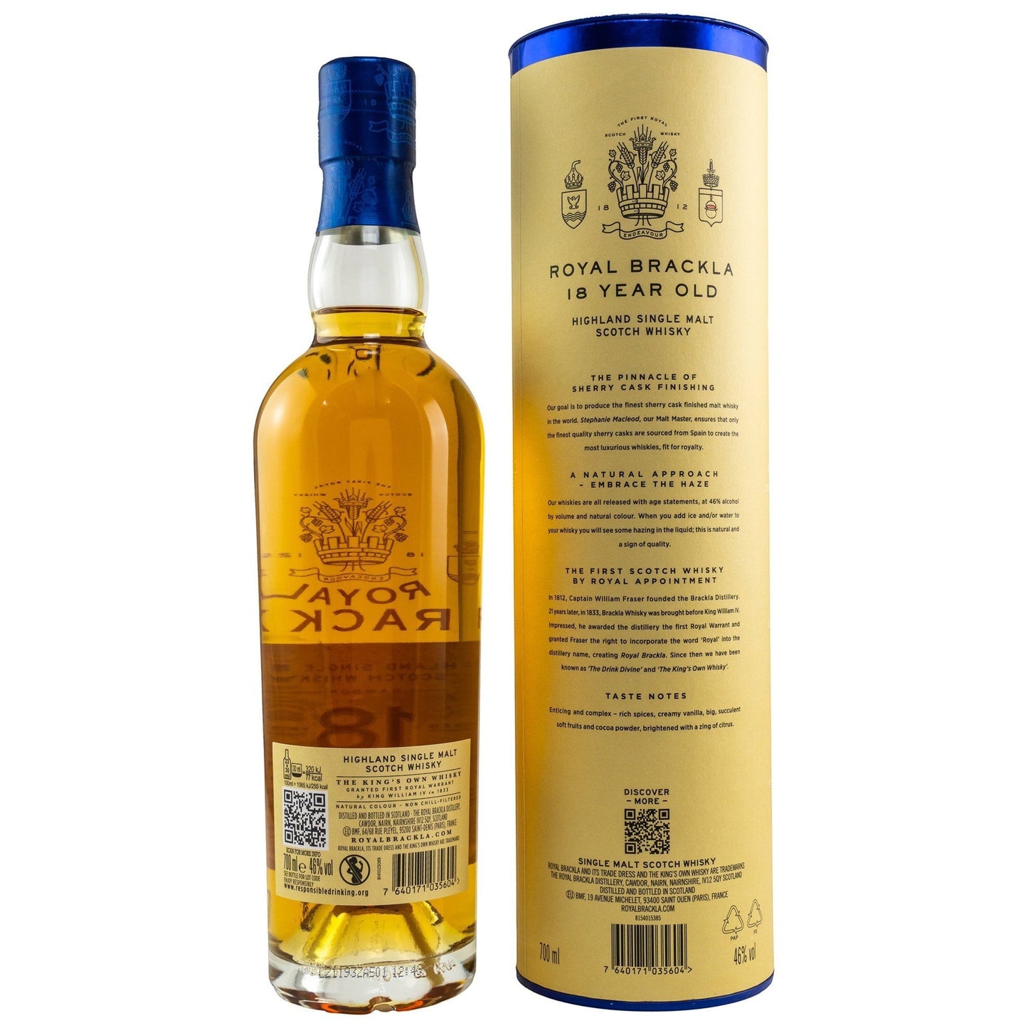 Schwarzbach Spirits Royal Brackla 18 Jahre Single Malt Whisky Flasche mit blauer Geschenkdose und detaillierten Angaben