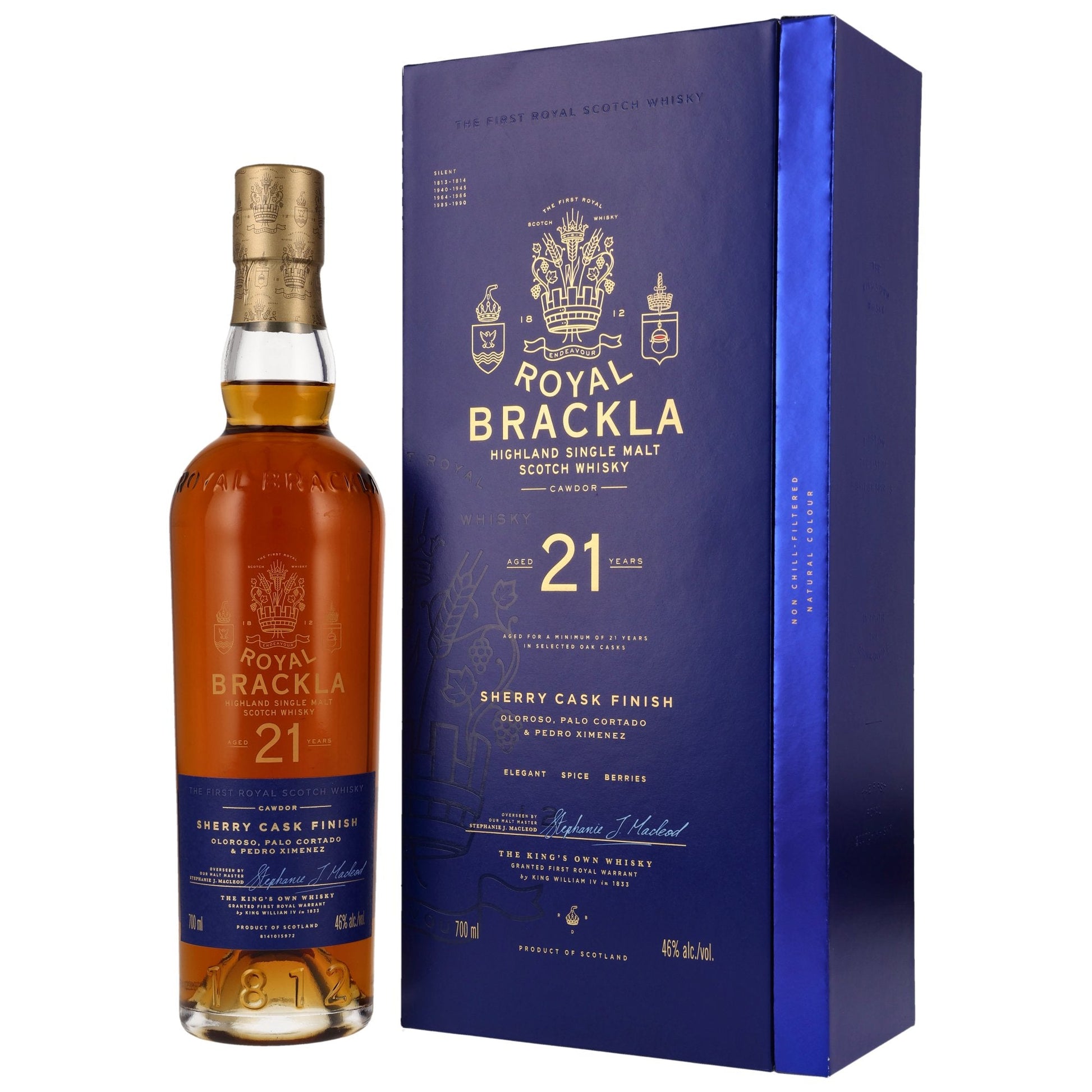 Schwarzbach Spirits Royal Brackla 21 Jahre Whisky in Flasche und blauer Geschenkverpackung mit Sherry-Cask-Finish
