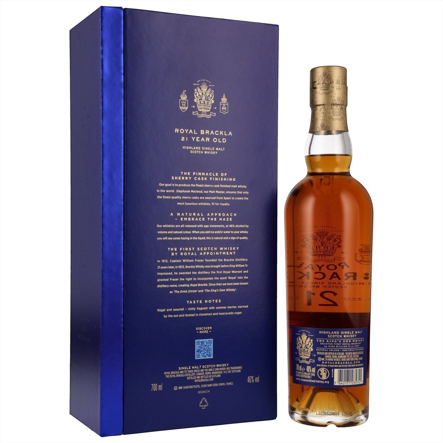 Schwarzbach Spirits Royal Brackla 21 Jahre Whisky Flasche mit blauer Geschenkbox und detailliertem Etikett