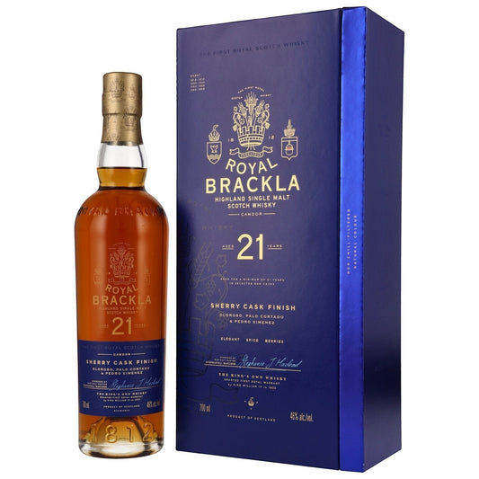 Schwarzbach Spirits Royal Brackla 21 Jahre Single Malt Whisky mit edler blauer Geschenkverpackung und Sherryfass-Finish