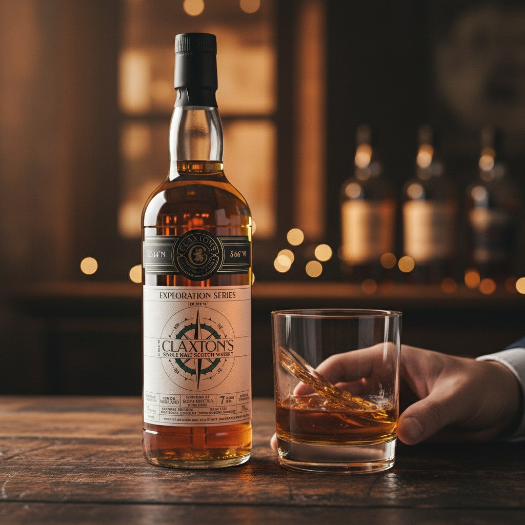 Schwarzbach Spirits Royal Brackla 7 Year Old PX Sherry Cask Single Malt Scotch Whisky, 50% Vol. Amber liquid in a clear glass bottle with a black cap and a detailed label.