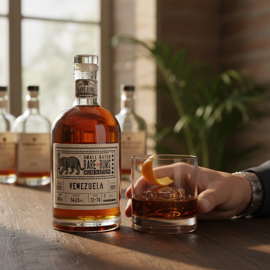 Schwarzbach Spirits Rum Nation Venezuela 2010/2025 15 Jahre 54.2% Vol. aged rum with jaguar motif.
