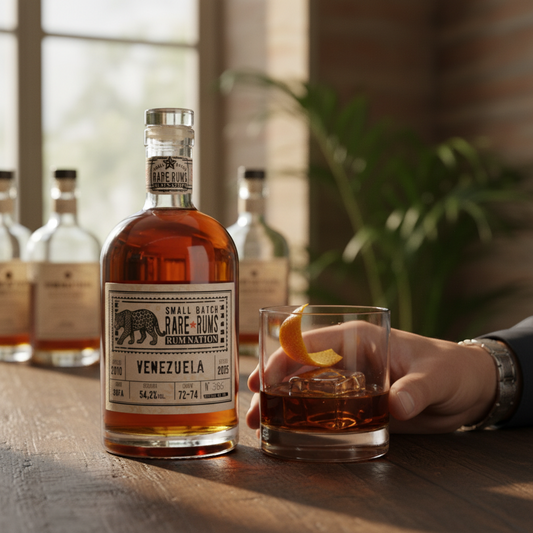 Schwarzbach Spirits Rum Nation Venezuela 2010/2025 15 Jahre 54.2% Vol. aged rum with jaguar motif.