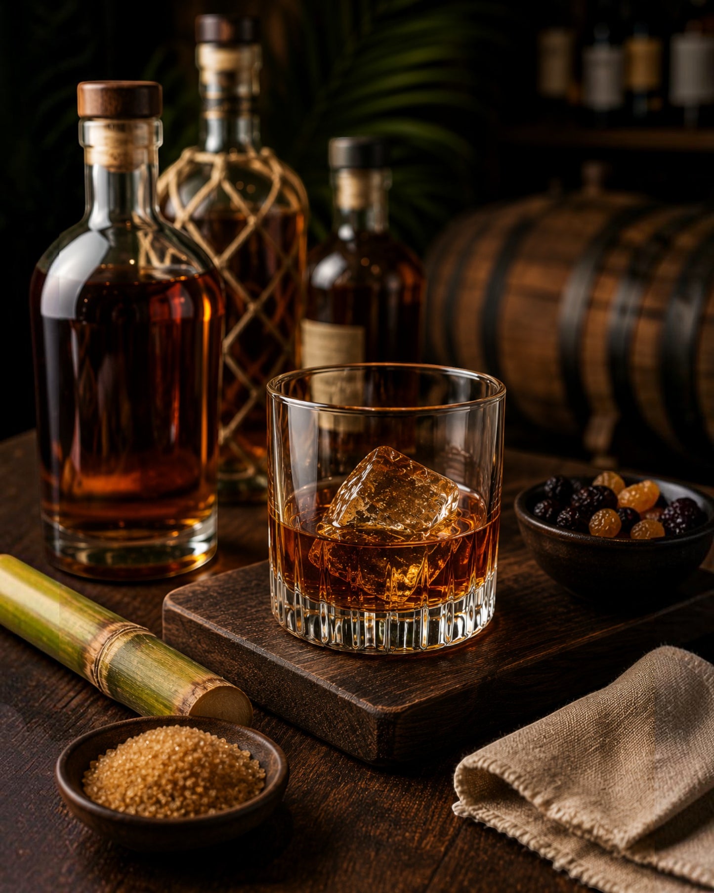 Schwarzbach Spirits Rum Discovery Night mit Premium Rum im Glas, Zuckerrohr und Holzfass im Hintergrund