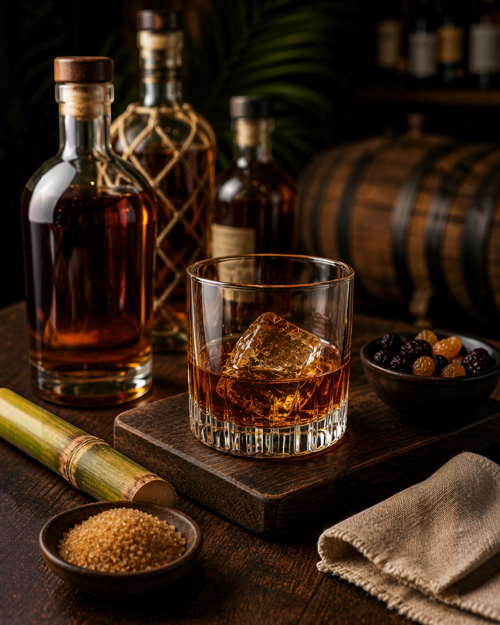 Schwarzbach Spirits Rum Discovery Night mit Premium Rum im Glas, Zuckerrohr und Holzfass im Hintergrund