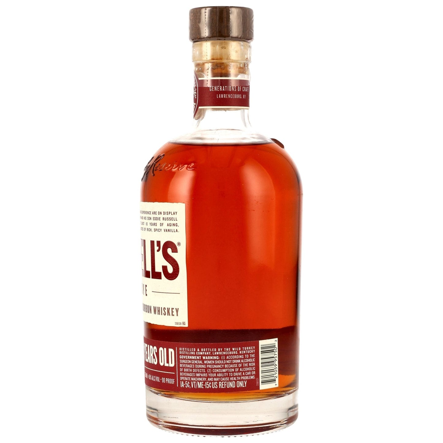 Schwarzbach Spirits Russell's Reserve 10 Jahre Kentucky Straight Bourbon Whiskey, 45% Vol. in einer Glasflasche mit bernsteinfarbener Flüssigkeit.