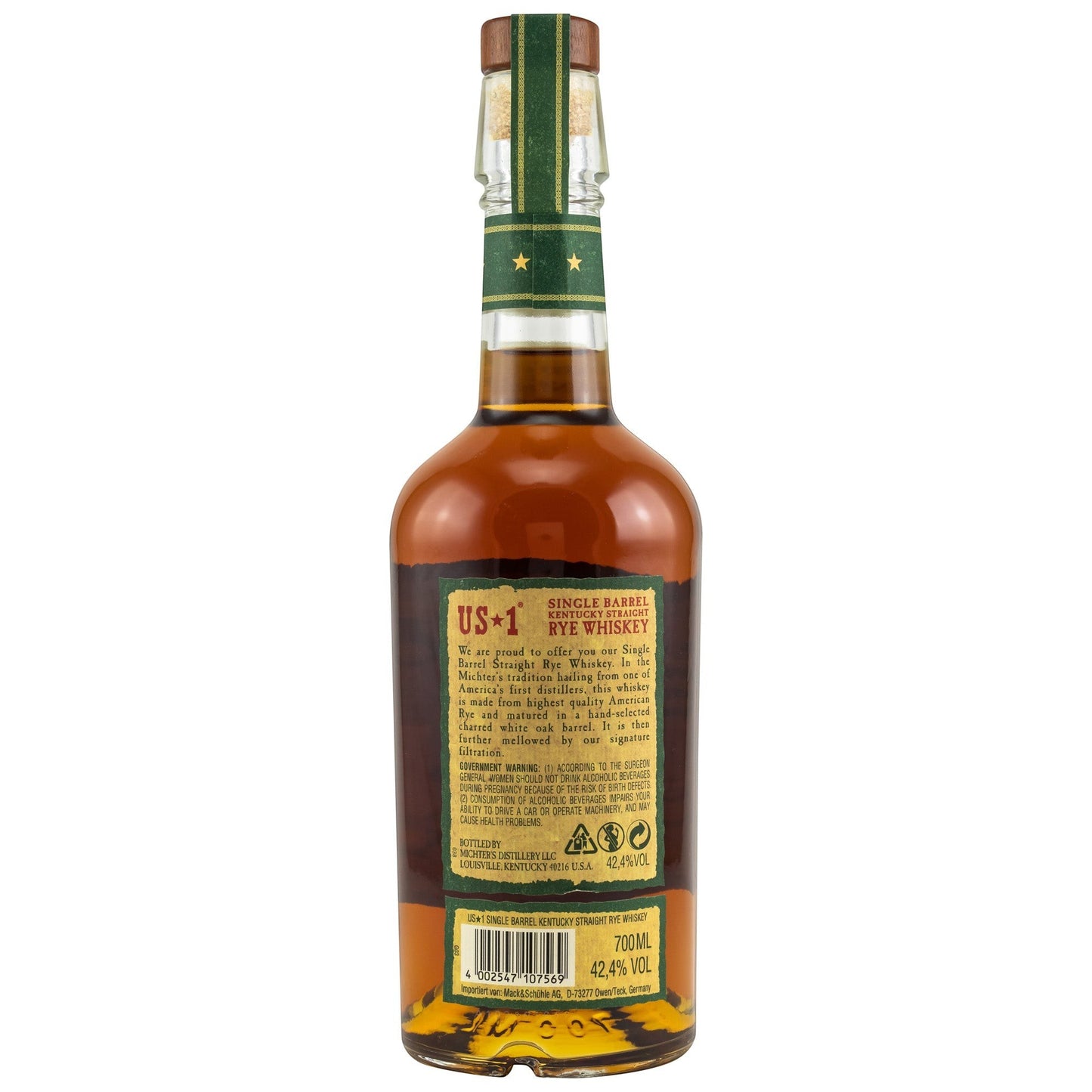 Schwarzbach Spirits US*1 Single Barrel Kentucky Straight Rye Whiskey, 42.4% Vol., 700ml. Amber liquid in a clear glass bottle with a green label.