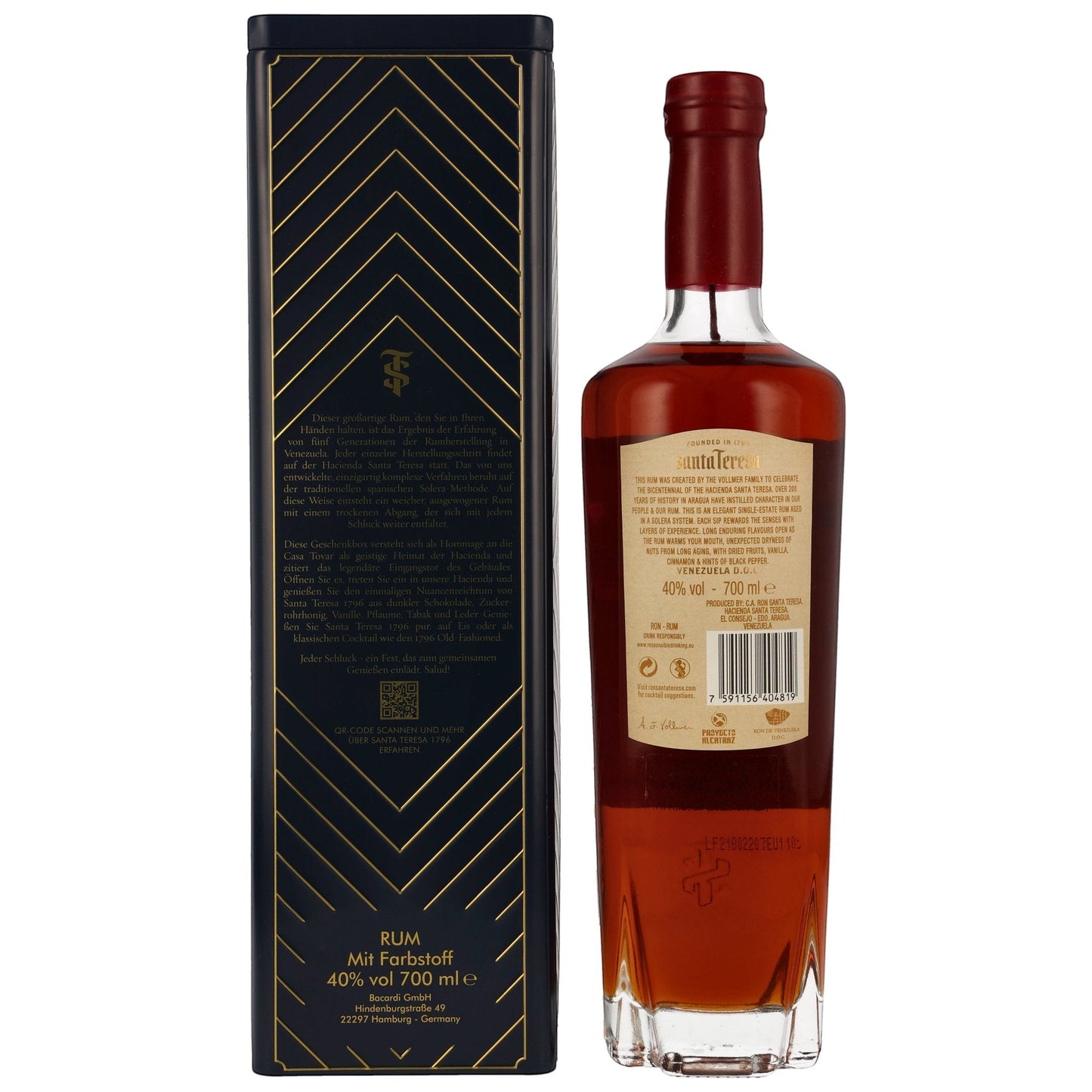 Schwarzbach Spirits Santa Teresa 1796 Solera Rum Flasche mit eleganter schwarzer Geschenkverpackung und Rücketikett