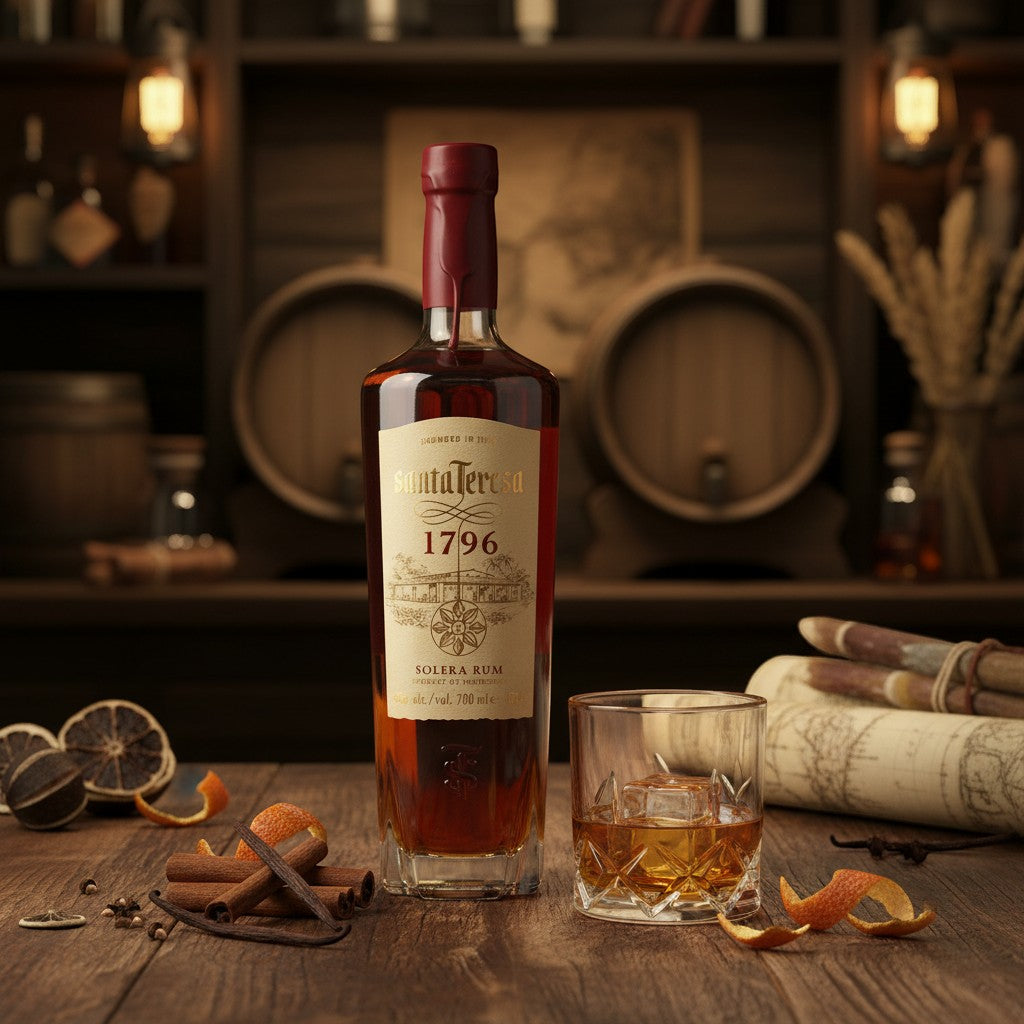 Schwarzbach Spirits Santa Teresa 1796 Solera Rum Flasche mit Glas, Eiswürfel, Zimt und Orangenschale auf Holztisch.