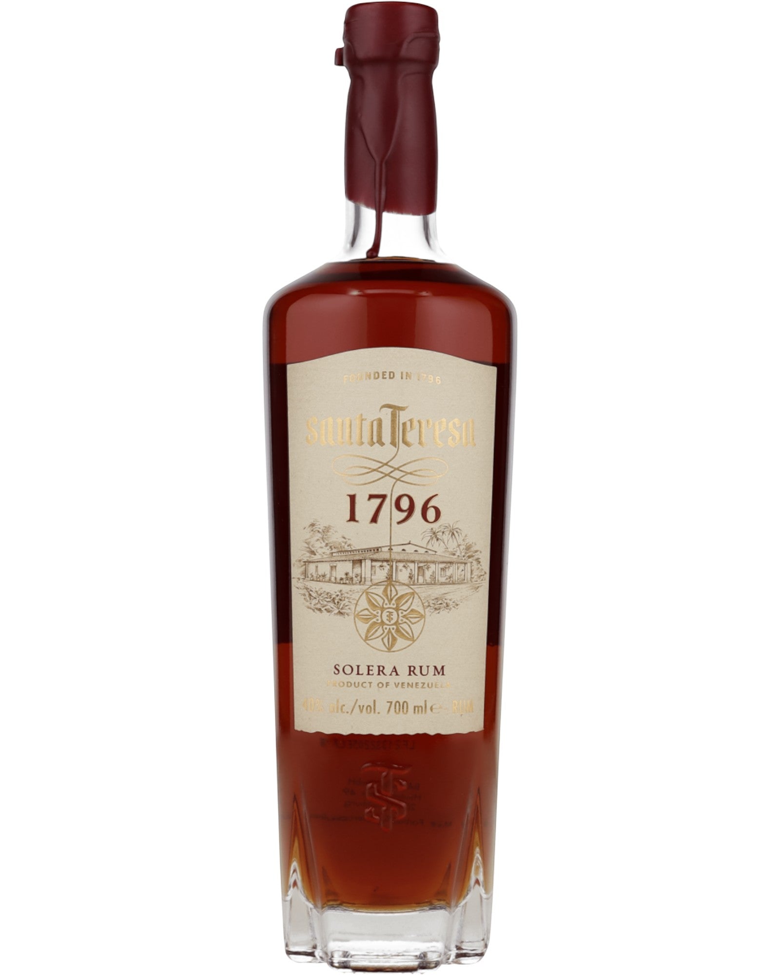 Schwarzbach Spirits Santa Teresa 1796 Solera Rum Flasche mit bernsteinfarbener Flüssigkeit und elegantem Etikett