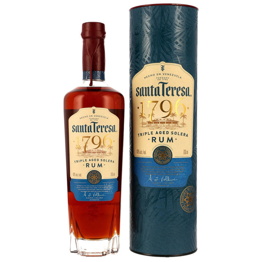Schwarzbach Spirits Santa Teresa 1796 Solera Rum bottle with matching dark blue gift tube, premium Venezuelan spirit.