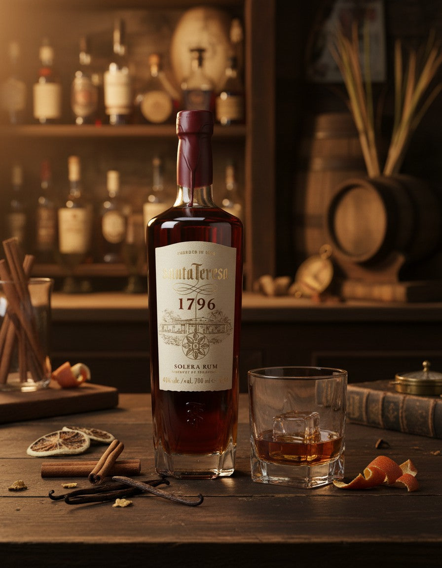 Schwarzbach Spirits Santa Teresa 1796 Solera Rum Flasche mit Glas und Eiswürfel auf einem rustikalen Holztisch