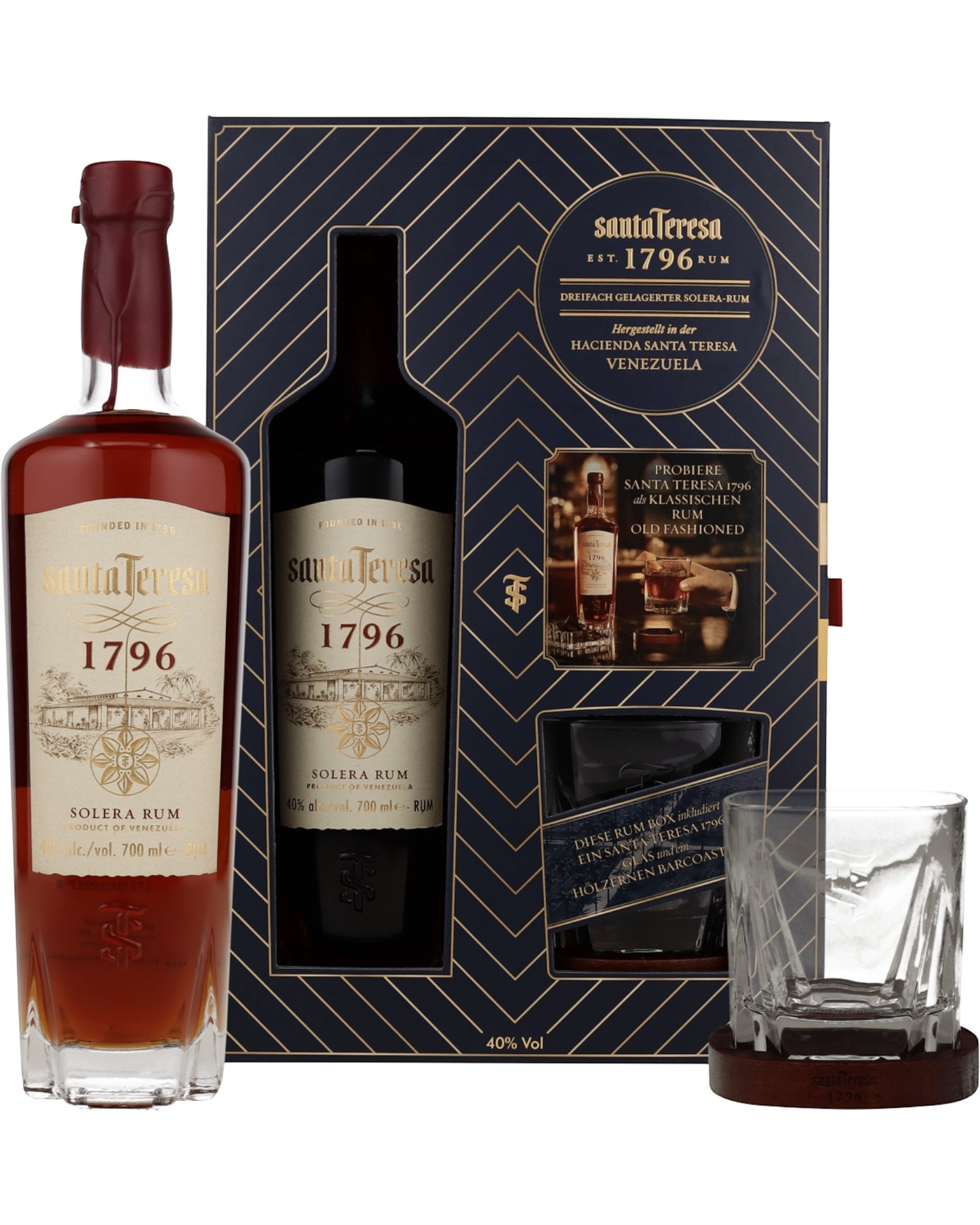 Schwarzbach Spirits Santa Teresa 1796 Solera Rum Geschenkset mit Flasche, Glas und Untersetzer in edler Box
