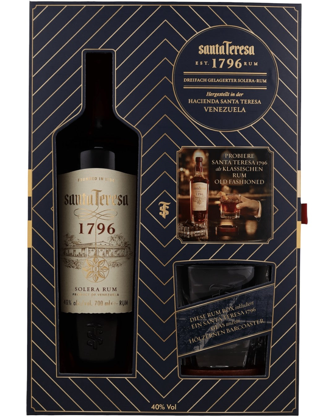 Schwarzbach Spirits Santa Teresa 1796 Solera Rum Geschenkset mit Flasche, Glas und Untersetzer in edler Box
