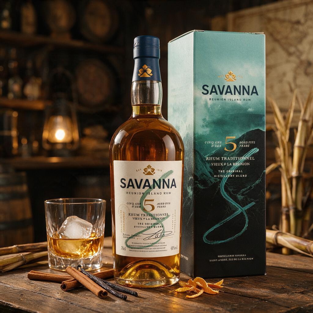 Schwarzbach Spirits Savanna 5 Jahre Traditionnel Rhum in Flasche mit Geschenkverpackung, Zimtstangen und Glas auf Tisch