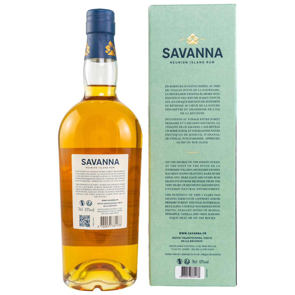 Schwarzbach Spirits Savanna 5 Jahre Traditionnel Rhum Flasche mit Geschenkverpackung und Etikettendetails