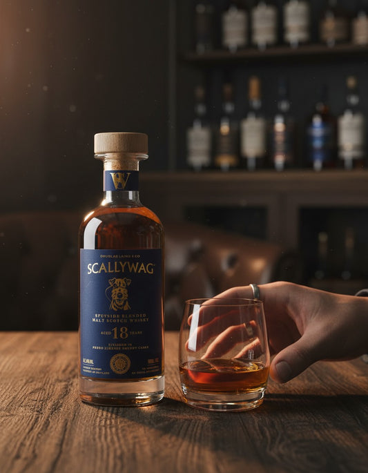 Schwarzbach Spirits Scallywag 18 Years Speyside Blended Malt Scotch Whisky finished in Pedro Ximénez Sherry Casks. Amber liquid in a clear glass bottle with a dark blue label.