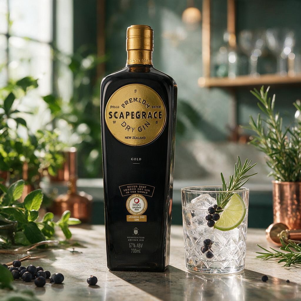 Schwarzbach Spirits Scapegrace Gold Gin Flasche mit 57% Vol. neben einem Glas mit Eis, Limette und Wacholderbeeren.