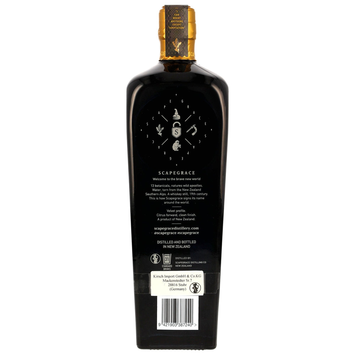 Schwarzbach Spirits Scapegrace Gold Gin Flaschenrückseite mit Etikett und Informationen zur neuseeländischen Herkunft