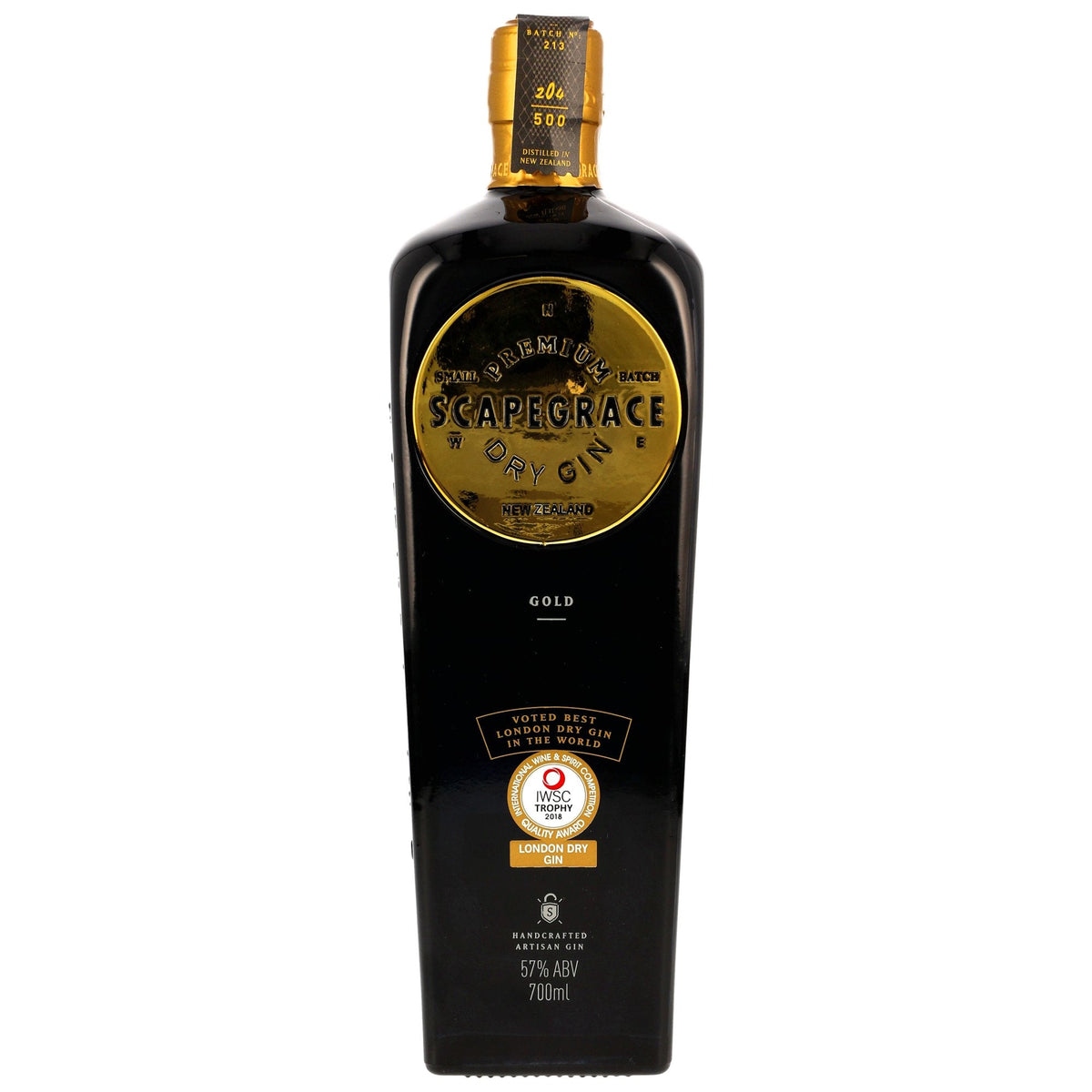 Schwarzbach Spirits Scapegrace Gold Gin Flasche mit schwarzem Glas und goldenem Etikett aus Neuseeland