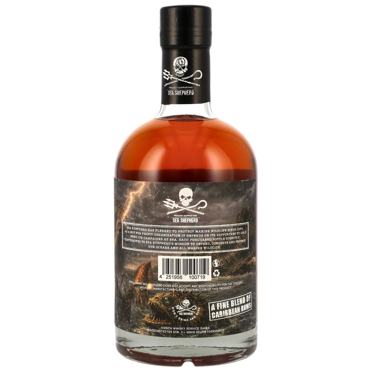 Schwarzbach Spirits Sea Shepherd Rum Triton Edition Flaschenrückseite mit Totenkopf-Logo und maritimen Illustrationen
