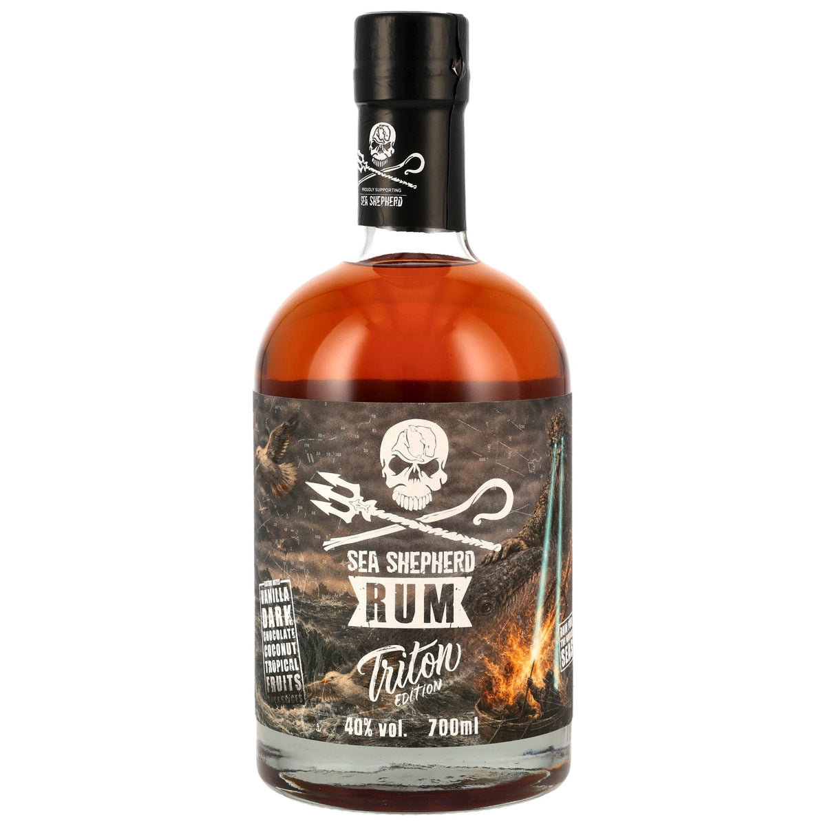 Schwarzbach Spirits Sea Shepherd Rum Triton Edition Flasche mit Totenkopf-Etikett und 40% Vol. Alkoholgehalt
