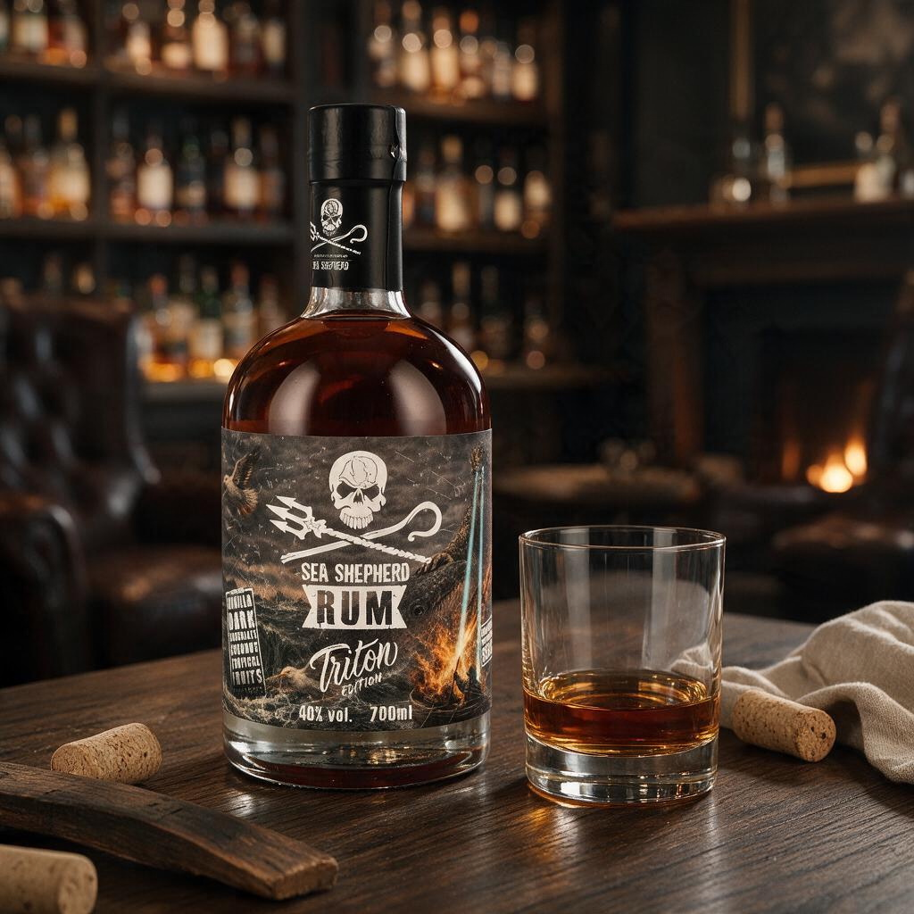 Schwarzbach Spirits Sea Shepherd Rum Triton Edition Flasche mit Glas auf einem Holztisch in einer Bar