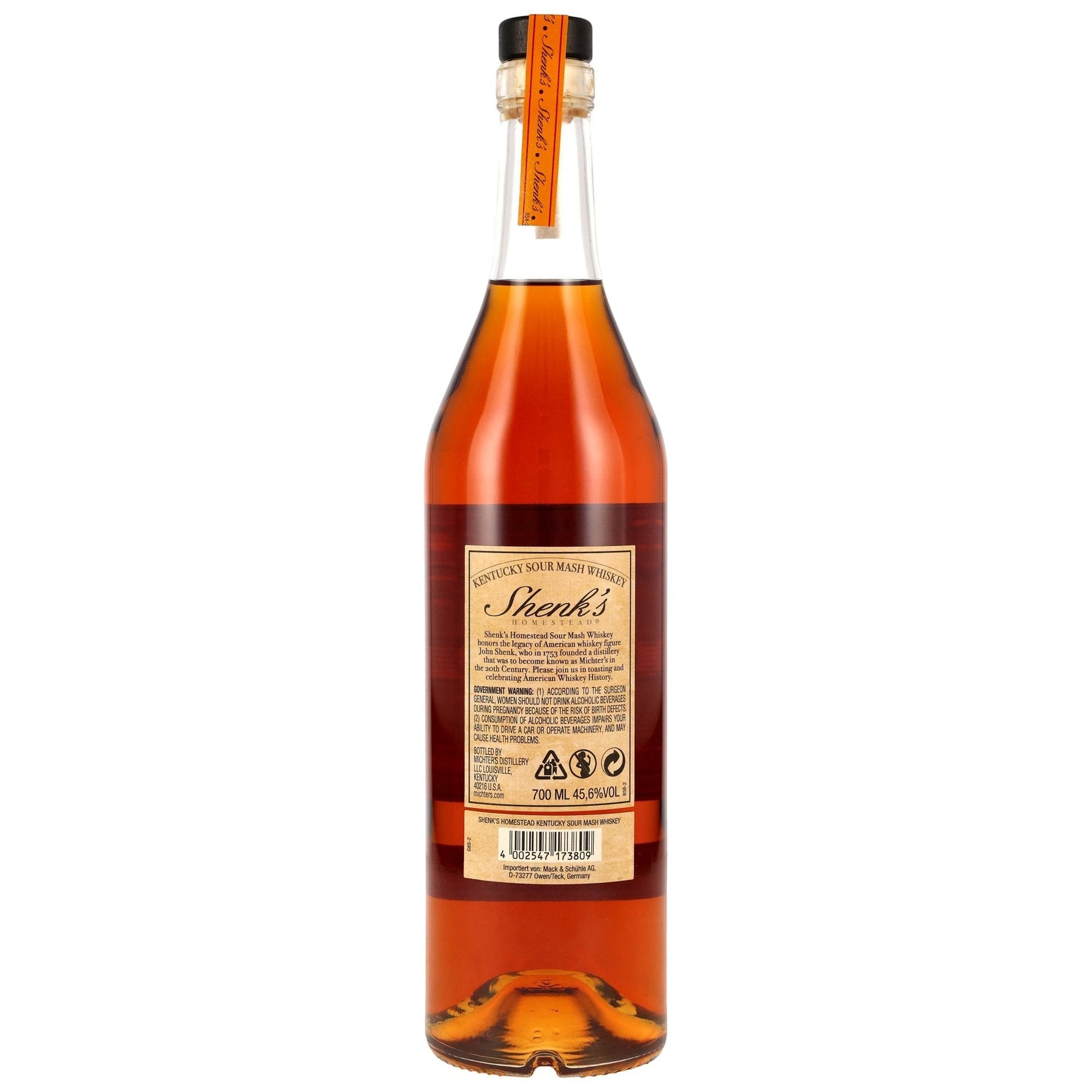 Schwarzbach Spirits SHENK'S Homestead Sour Mash Whiskey in Mahagoniton, 45,6% Vol. mit beige-schwarzem Etikett.