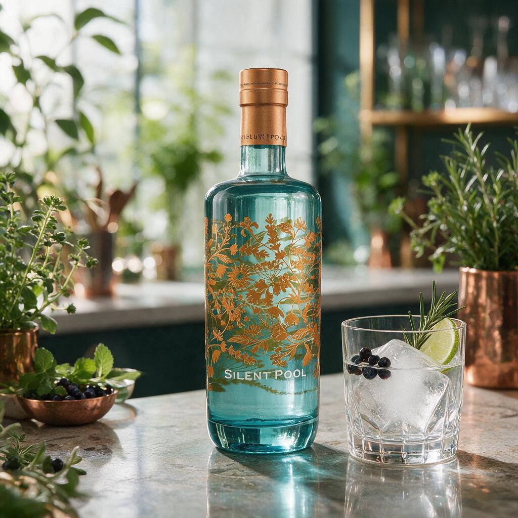 Schwarzbach Spirits Silent Pool Gin in türkisfarbener Flasche mit goldenem Blumenmuster neben einem Glas mit Eis