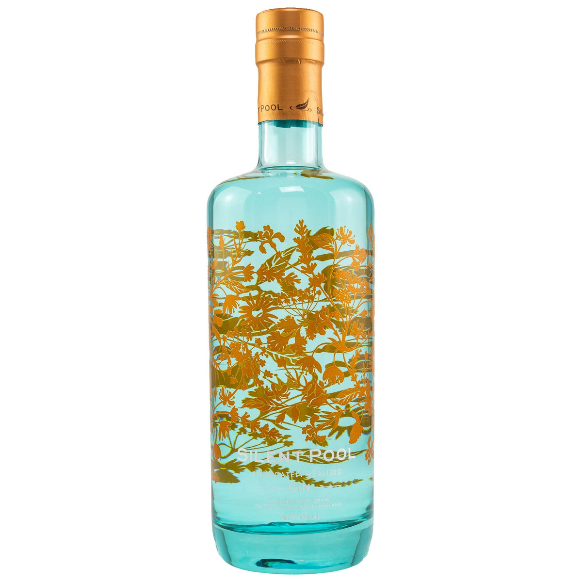 Schwarzbach Spirits Silent Pool Gin in einer türkisfarbenen Flasche mit goldenen floralen Illustrationen