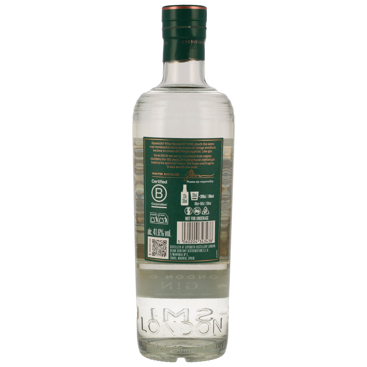 Schwarzbach Spirits Sipsmith London Dry Gin Flaschenrueckseite mit Etikett und Informationen zur Destillation